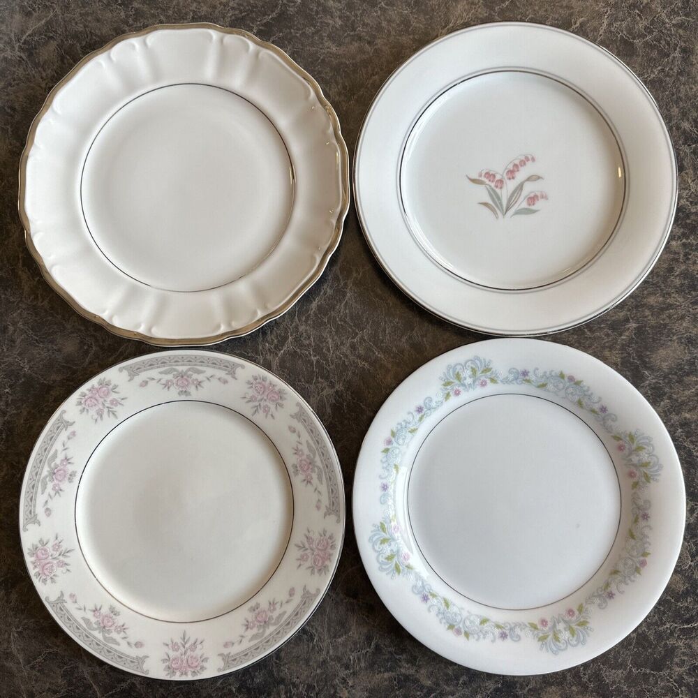 Lot of 4 Mismatched Salad Cake Dessert Plates Pink Florals & Solids Cottage Core